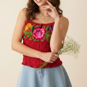 Embroidered Red Floral Smocked Cami Festival Top